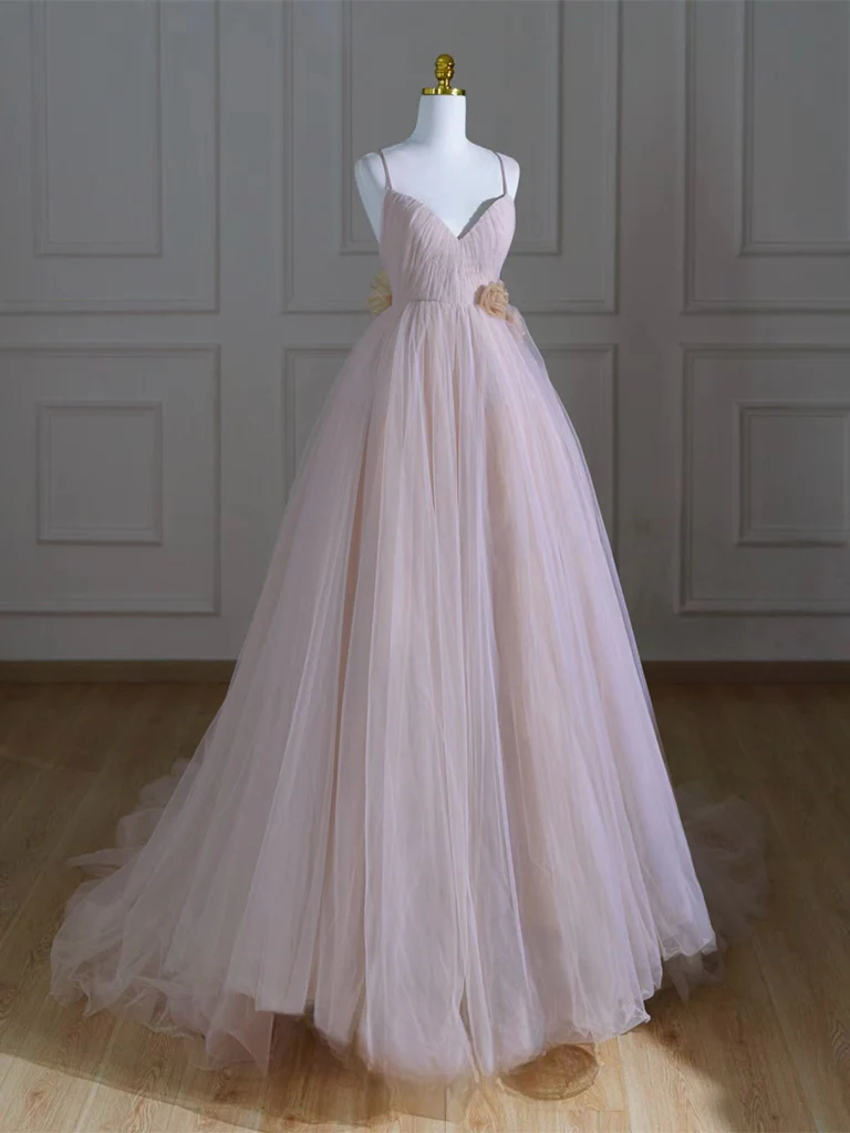A-Line V Neck Tulle Pink Long Prom Dress, Pink Tulle Long Formal Dress - Deanwangkt