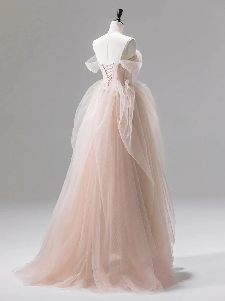 A-Line Off Shoulder Tulle Lace Champagne Pink Long Prom Dress, Lace Long Formal Dress - Deanwangkt