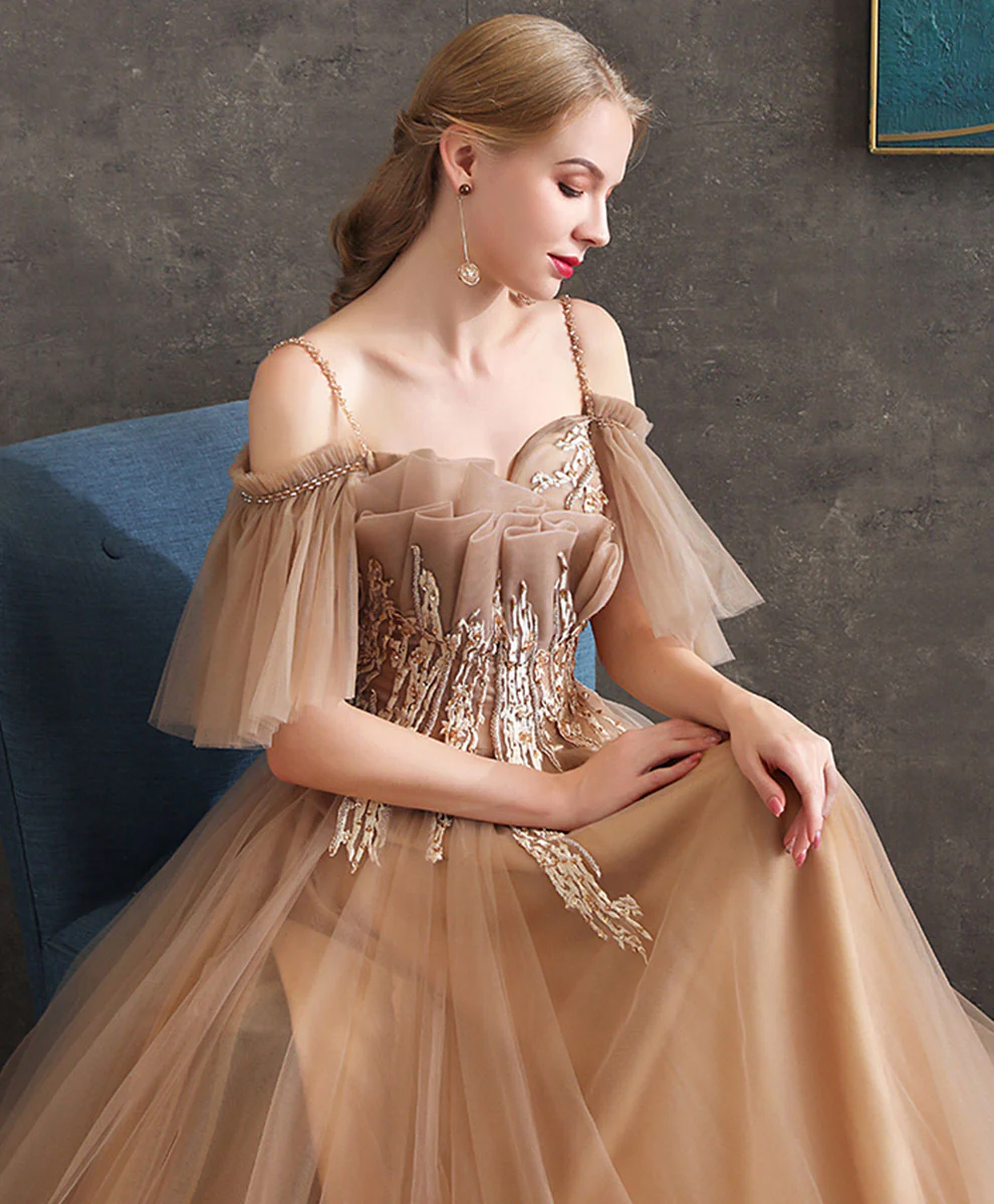 Champagne Tulle Lace Long Prom Dress Tulle Formal Dress - Deanwangkt