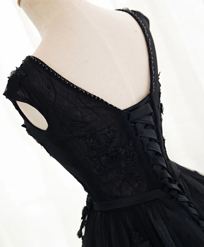 Black A Line Tulle Lace Long Prom Dress, Evening Dress - Deanwangkt