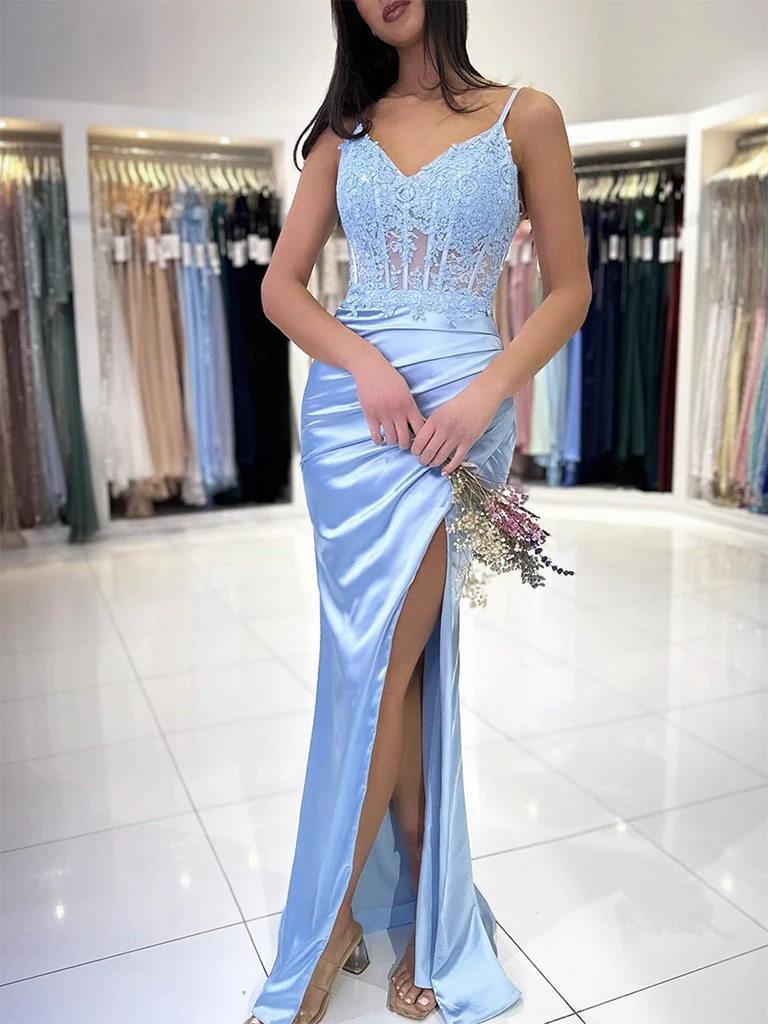 Blue V Neck Satin Lace Mermaid Long Prom Dress, Blue Long Formal Dress - Deanwangkt