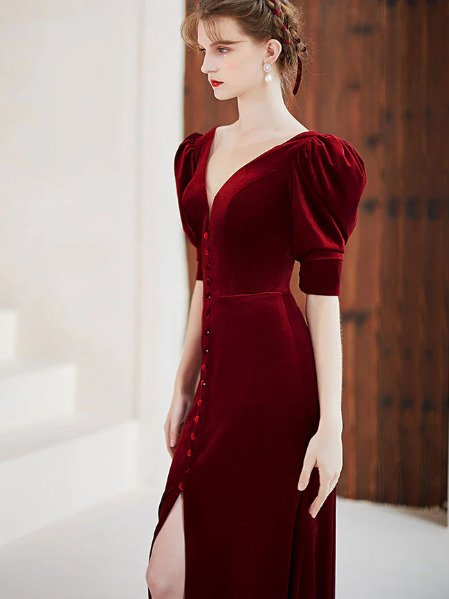 Burgundy velvet  mermaid long prom dress, burgundy evening dress - Deanwangkt