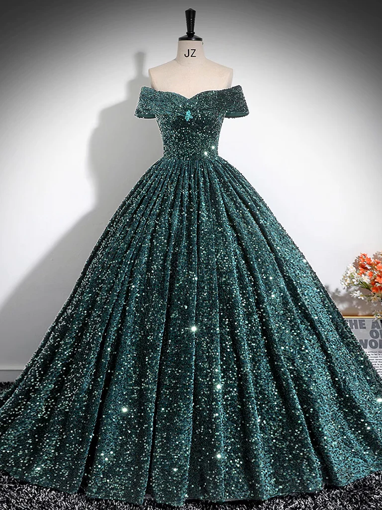 A-Line Off Shoulder Velvet Sequin Green Long Prom Dress, Green Long Formal Dress - Deanwangkt