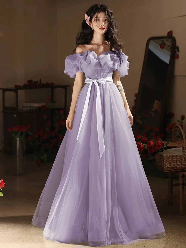 A-Line Off Shoulder Tulle Purple Long Prom Dress, Purple Long Formal Dress - Deanwangkt