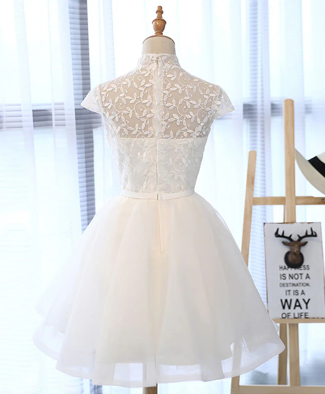 Cute White Lace Short Prom Dress, White Homecoming Dress - Deanwangkt