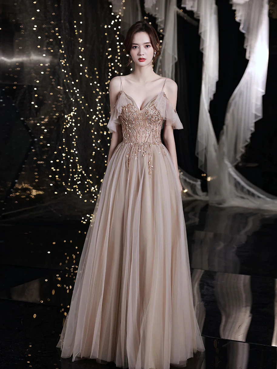 Champagne V Neck Tulle Beads Long Prom Dress, Champagne Evening Dress - Deanwangkt