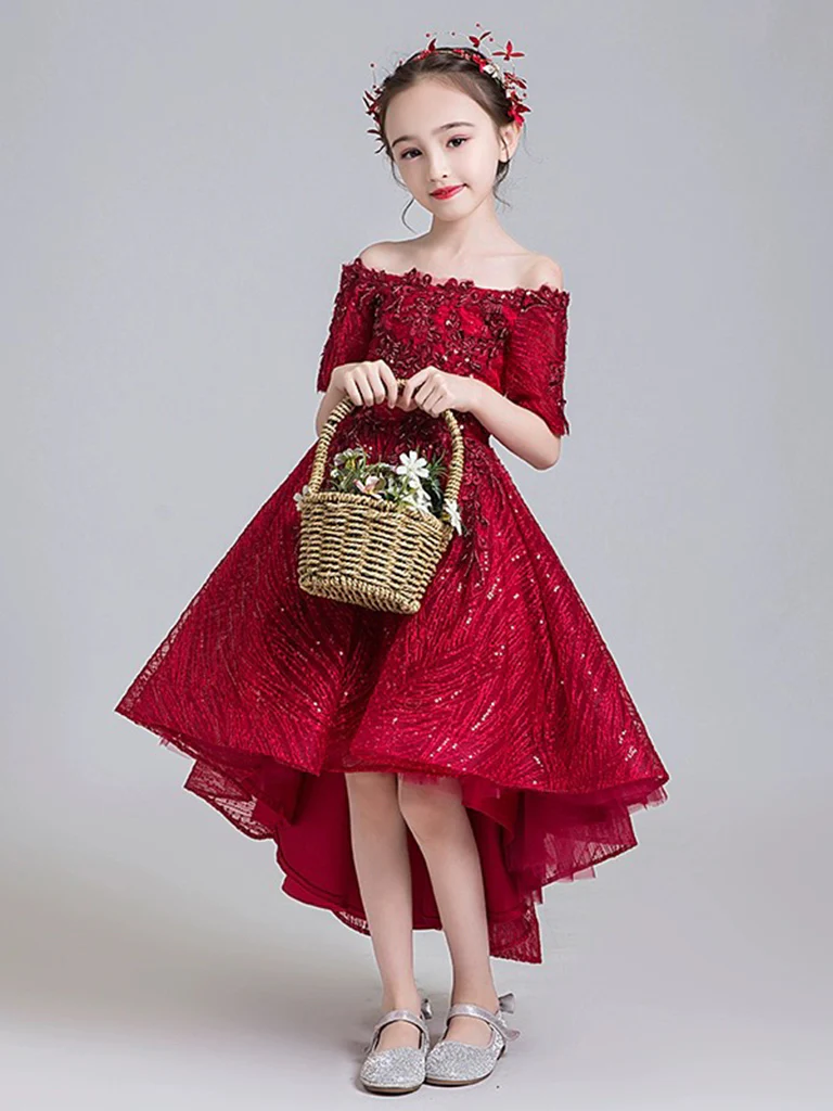 A-Line High Low Tulle Lace Burgundy Flower Girl Dress - Deanwangkt