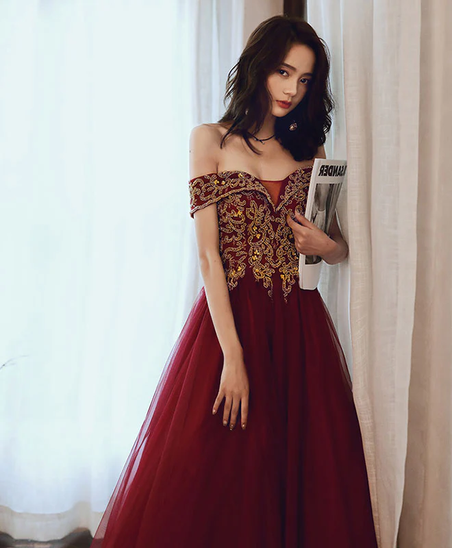 Burgundy Tulle Sequin Off Shoulder Long Prom Dress Burgundy Evening Dress - Deanwangkt