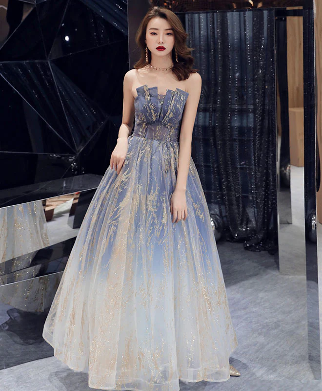 Unique Blue Tulle Long Prom Dress, Blue Evening Graduation Dresses - Deanwangkt