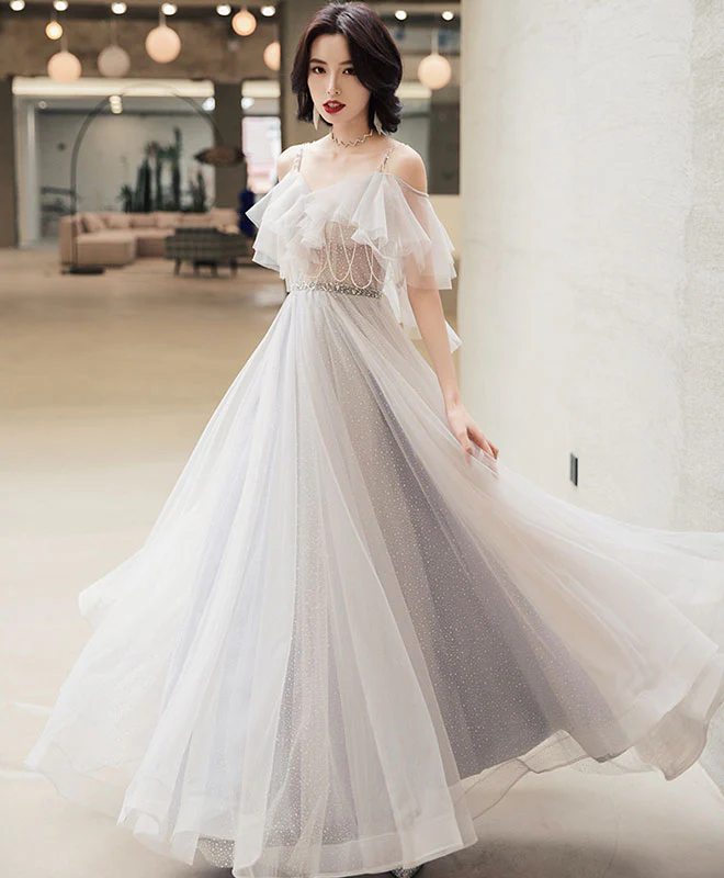 Elegant Off Shoulder Tulle Long Prom Dress, Tulle Evening Dress - Deanwangkt