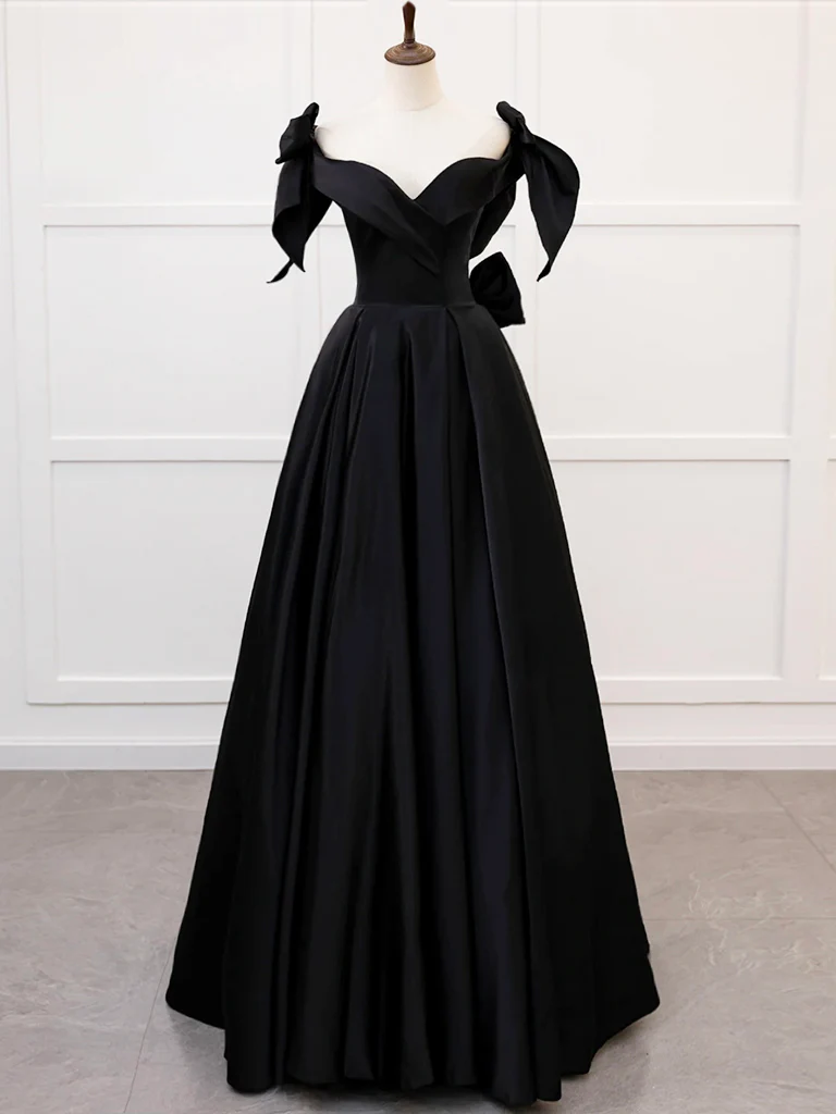 Simple A-Line Sweetheart neck Satin Black Long Prom Dress. Black Long Formal Dress - Deanwangkt