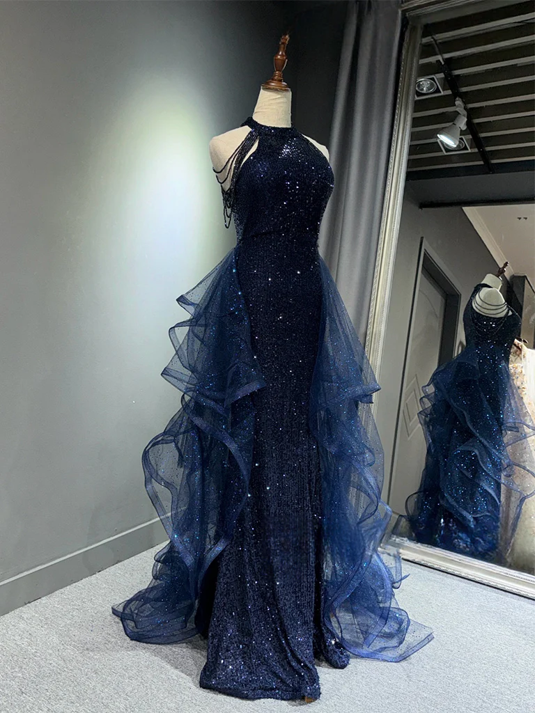 A-Line Tulle Sequin Dark Blue Long Prom Dress, Dark Blue Long Formal Dress - Deanwangkt