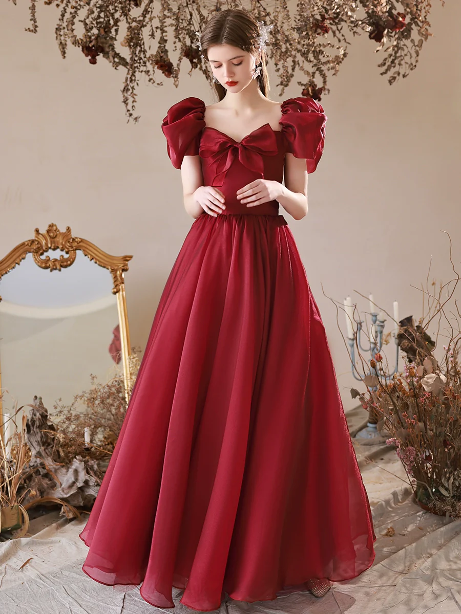 A-Line Burgundy Tulle Long Prom Dress, Burgundy Formal Dress - Deanwangkt