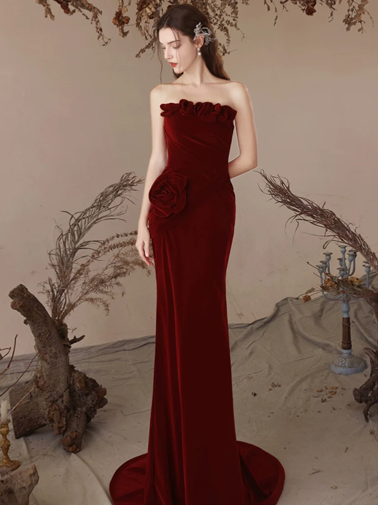 Unique Mermaid Velvet Burgundy Long Prom Dress, Burgundy Evening Dress - Deanwangkt