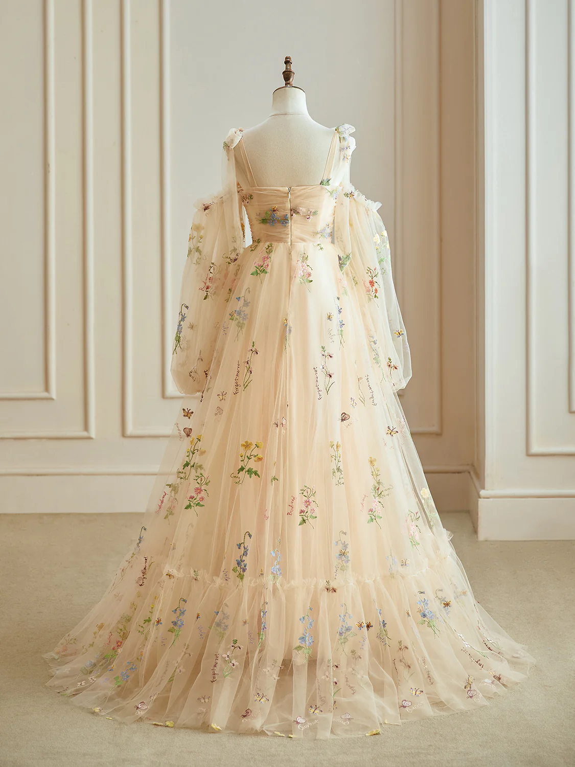 A-Line Champagne Tulle Lace Long Sleeves Prom Dress, Champagne Long Evening Dress - Deanwangkt