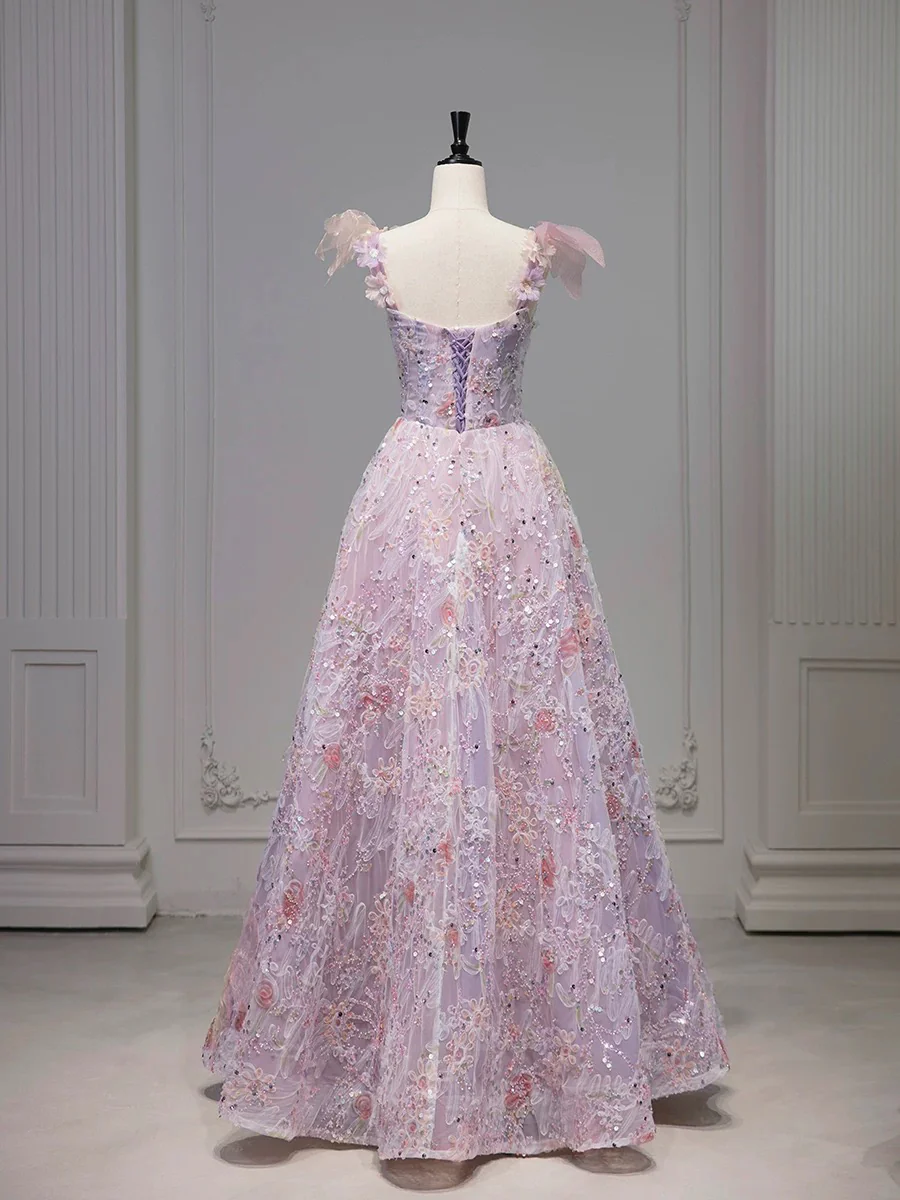 A-Line Tulle Lace 3D Flowers Pink Long Prom Dress, Pink Long Evening Dress - Deanwangkt