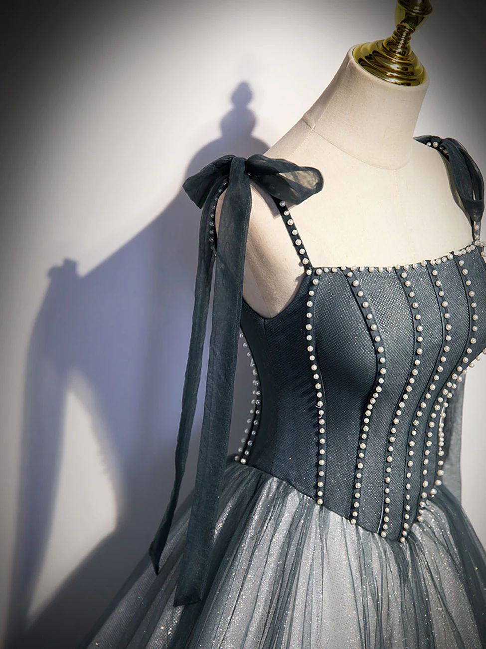 A Line Gray Long Prom Dresses, Tulle Gray Formal Graduation Dress with Beading - Deanwangkt
