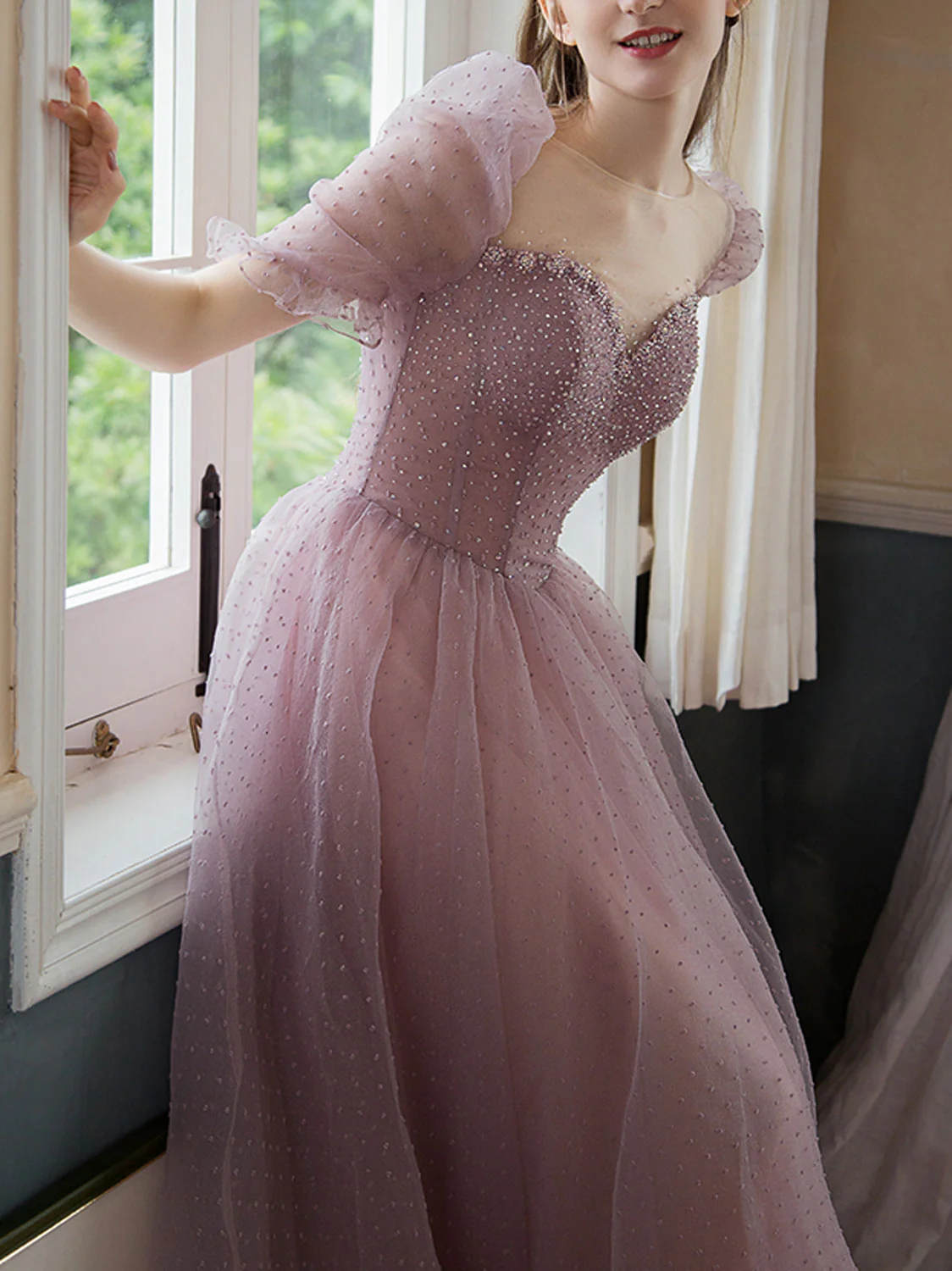 Sweetheart Tulle Beads Tea Length Pink Prom Dress, Tulle Homecoming Dress - Deanwangkt