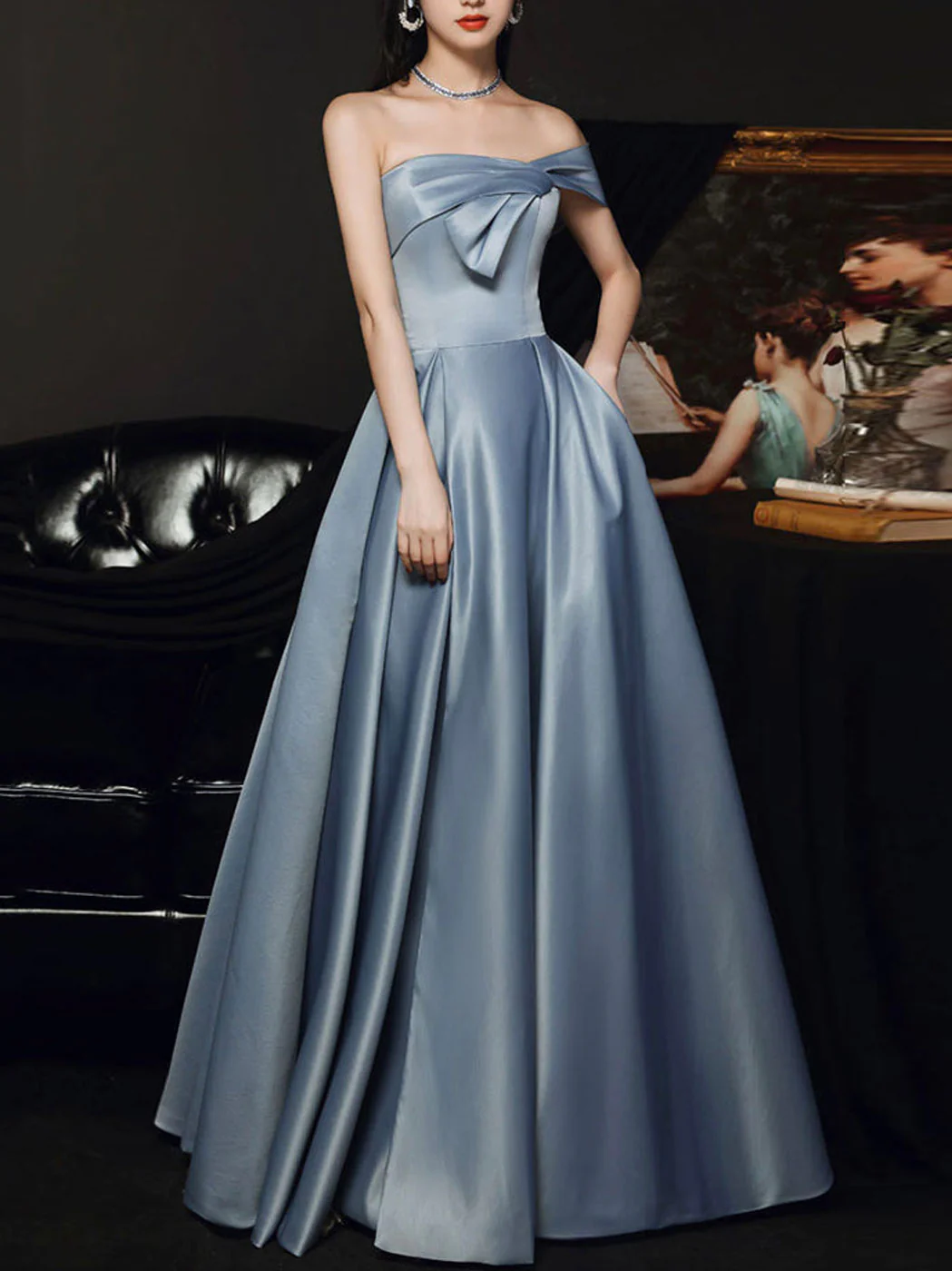 Simple A Line Satin Gray Blue Long Prom Dress, Gray Blue Long Bridesmaid Dress - Deanwangkt