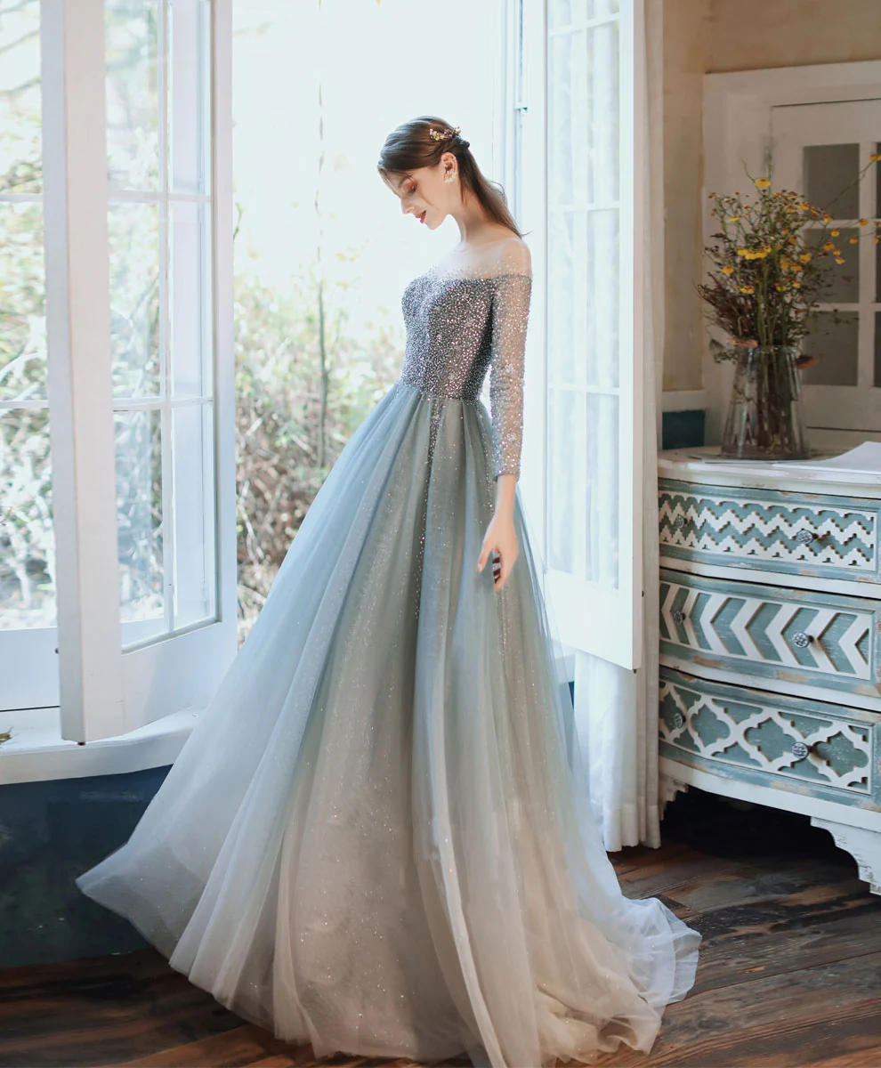 Unique Tulle Sequin Long Prom Dress Tulle Formal Dress - Deanwangkt