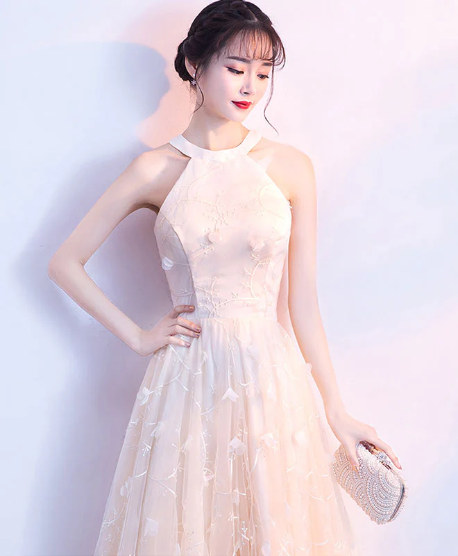 Champagne Lace Tulle Long Prom Dress, Champagne Evening Dress - Deanwangkt
