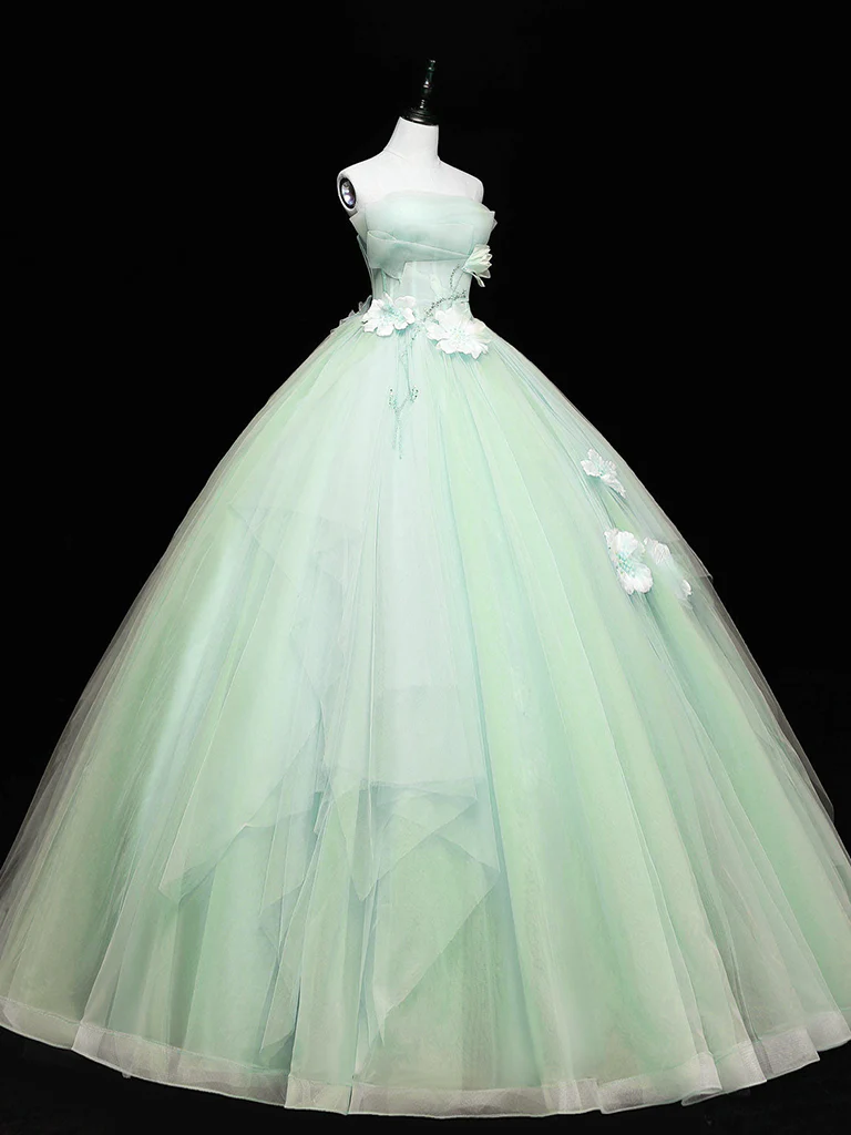 Green Tulle Lace Applique Long Prom Dresses, Green Sweet 16 Dresses - Deanwangkt