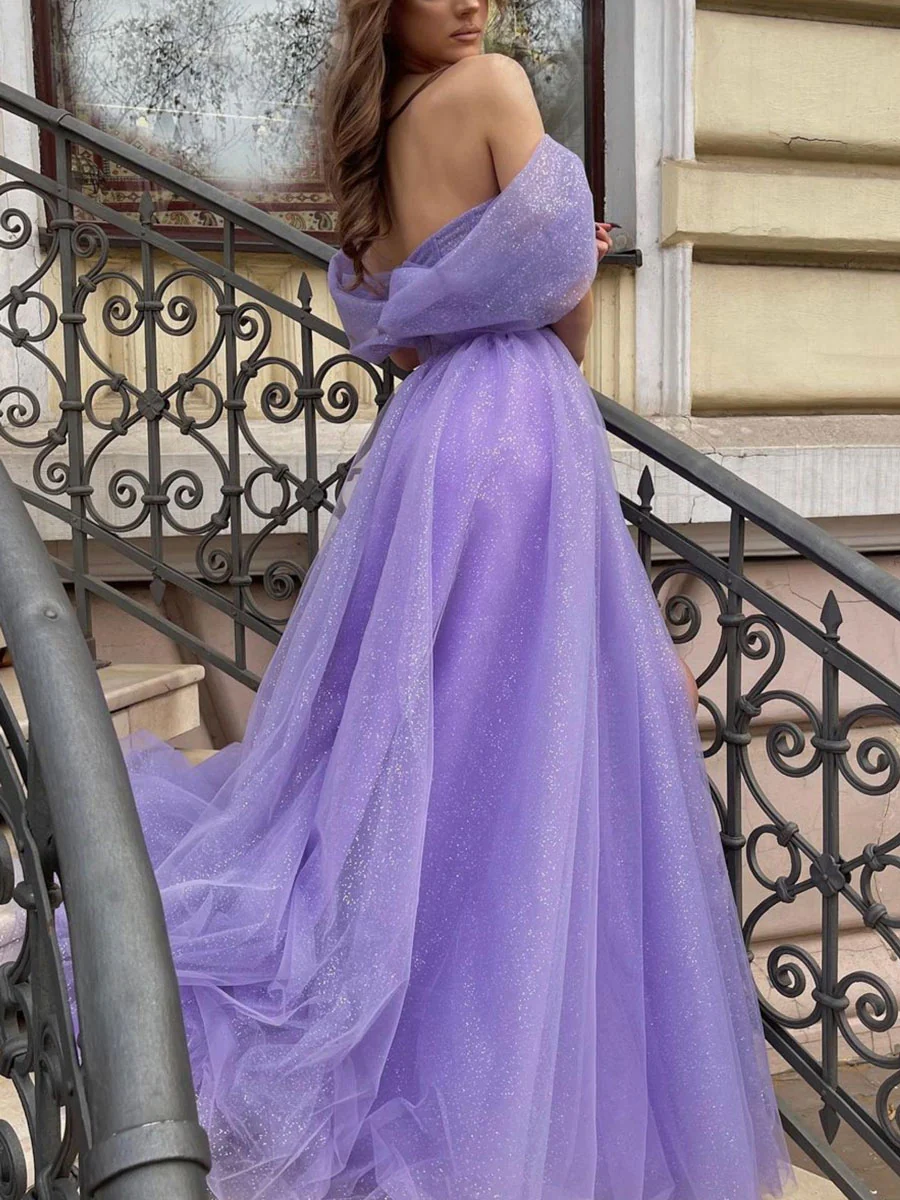 Simple Purple Off Shoulder Tulle Long Prom Dress, Purple Graduation Dress - Deanwangkt