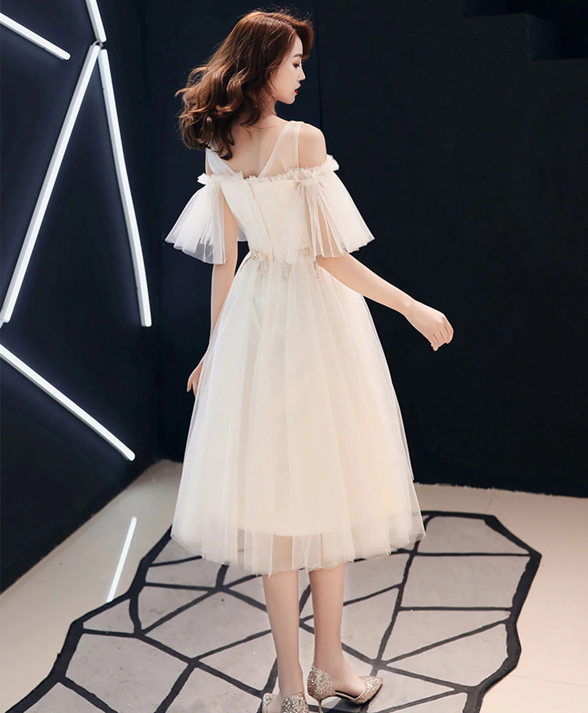 Light Champagne Tulle Short Prom Dress, Champagne Tulle Homecoming Dress - Deanwangkt