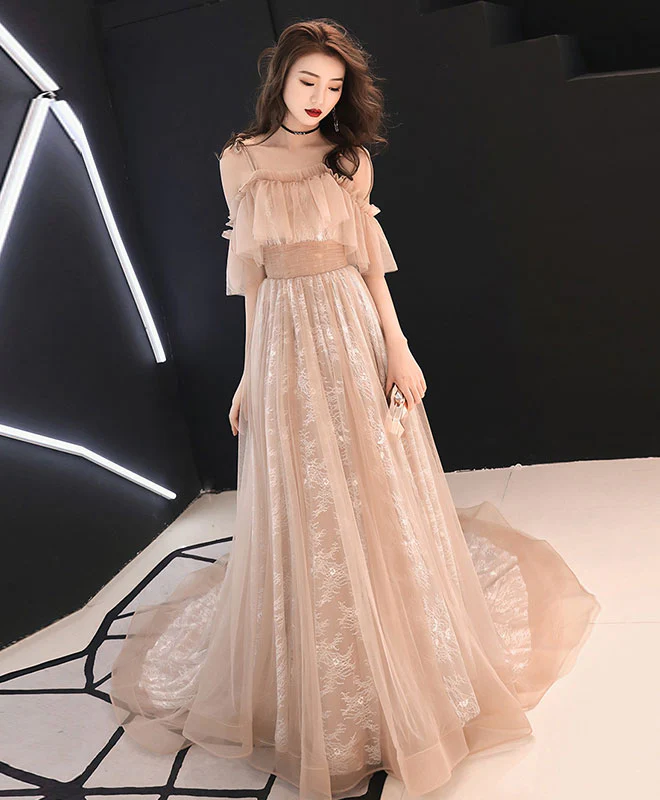 Champagne Tulle Lace Long Prom Dress Champagne Tulle Lace Formal Dress - Deanwangkt