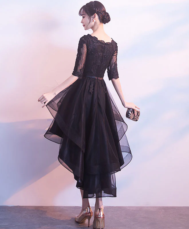 Cute Black Tulle Lace Short Prom Dress, Black Bridesmaid Dress - Deanwangkt