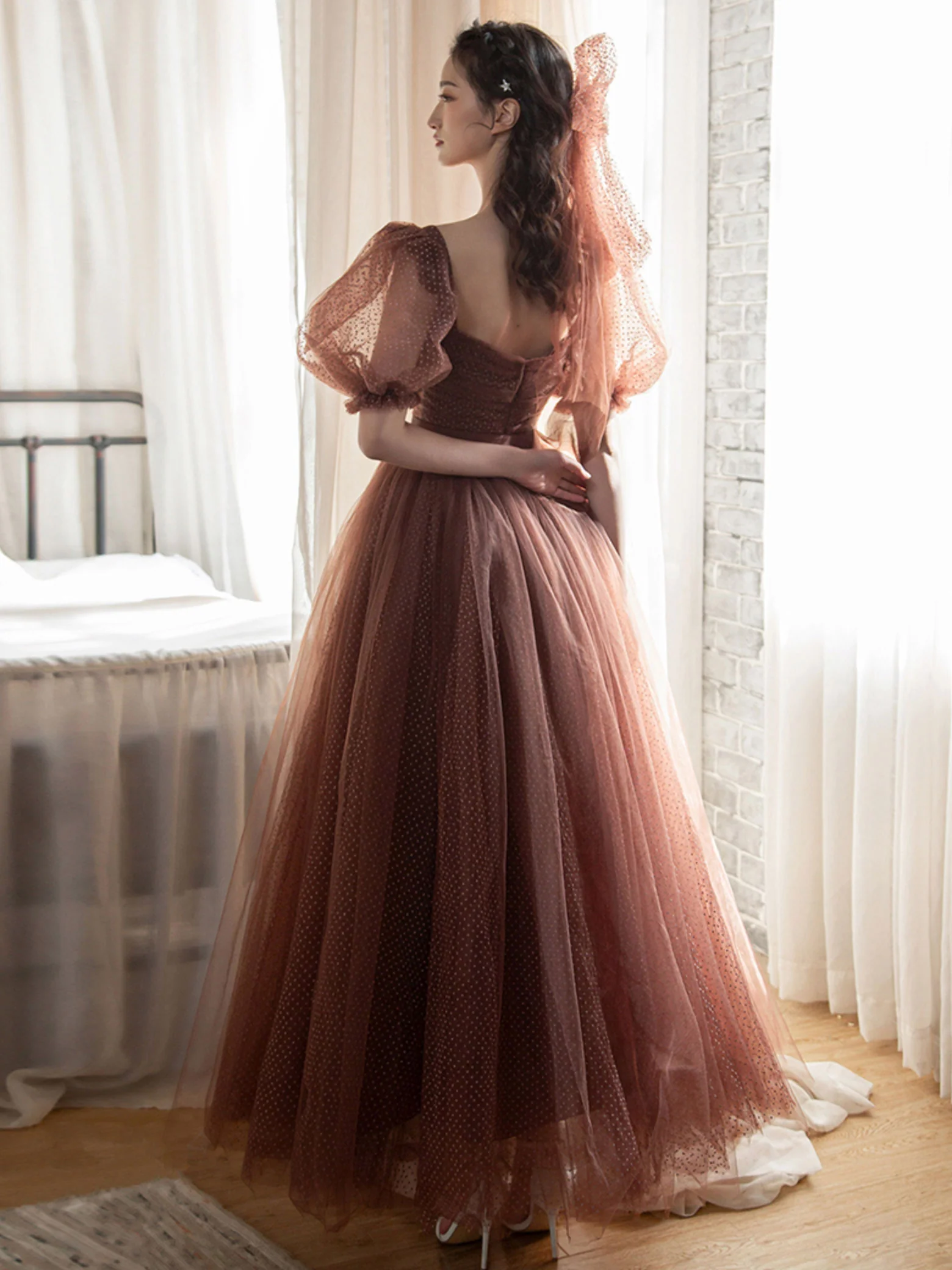 Elegant Retro Brown Tea Length Tulle Prom Dress, Puffy Homecoming Dress - Deanwangkt
