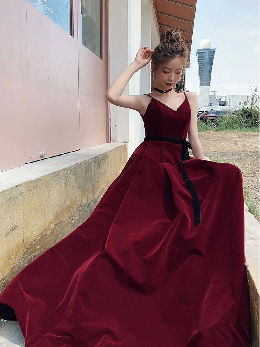 Simple Burgundy Velvet Long Prom Dresses, Burgundy Long Formal Graduation Dresses - Deanwangkt