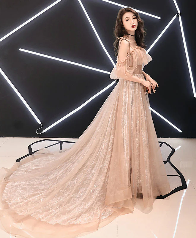 Champagne Tulle Lace Long Prom Dress Champagne Tulle Lace Formal Dress - Deanwangkt