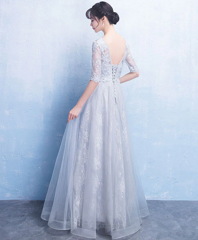 Gray Round Neck Tulle Lace Long Prom Dress, Gray Evening Dress - Deanwangkt