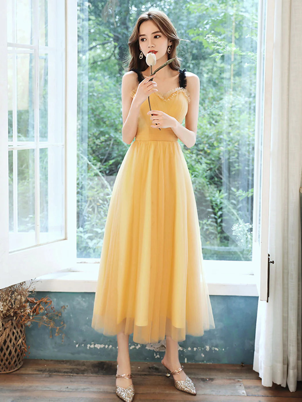 Simple Yellow Sweetheart Neck Tea Length Prom Dress, Yellow Formal Dress - Deanwangkt