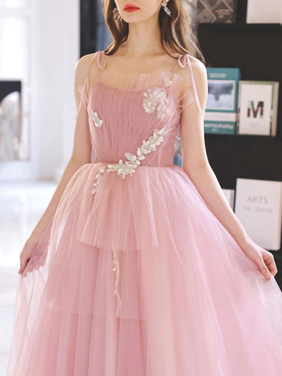 Pink Tulle A line Long Prom Dress, Pink Tulle Evening Dresses - Deanwangkt