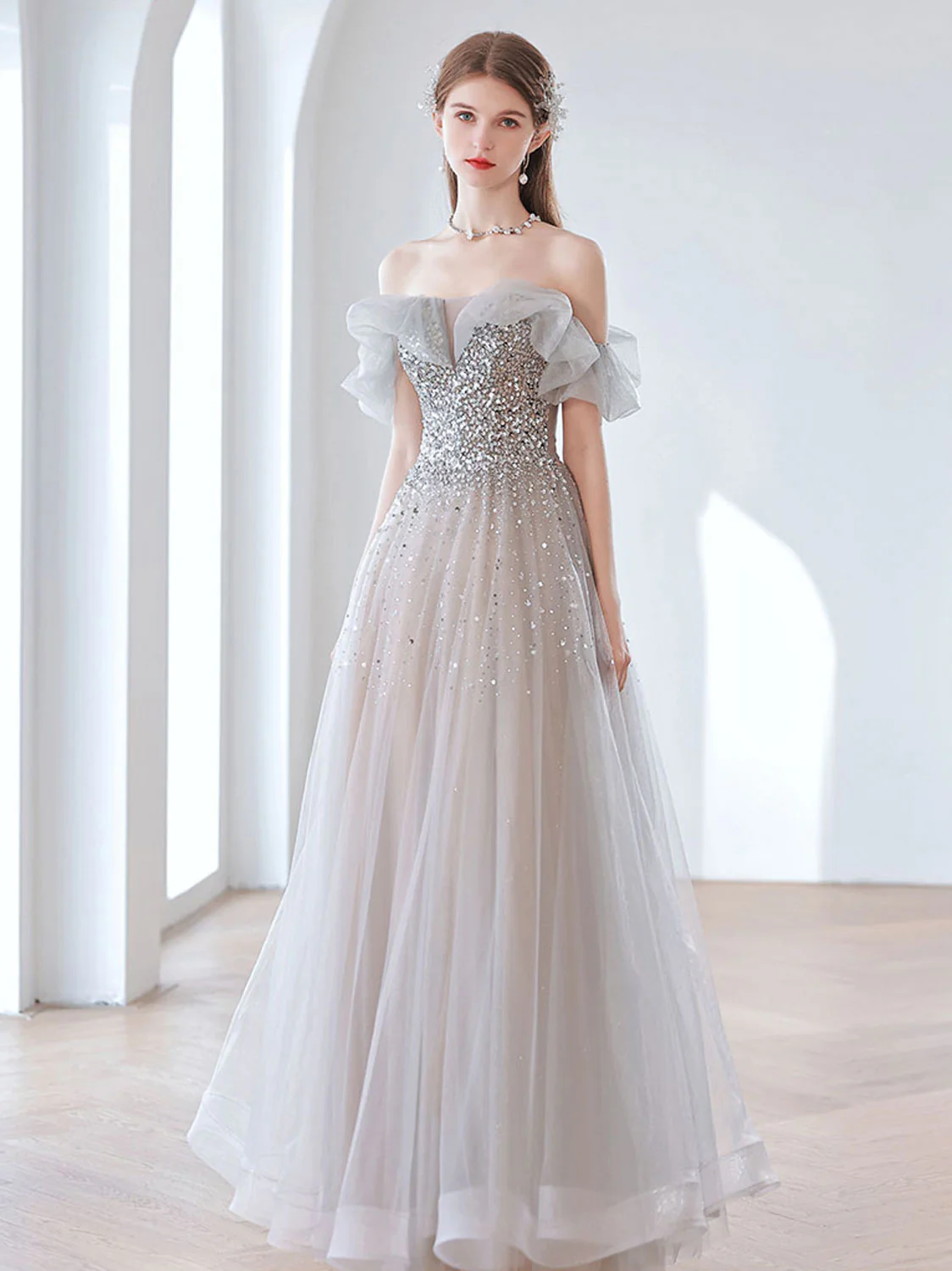 Elegant Gray Tulle Sequin Long Prom Dress, Gray Tulle Evening Dresses - Deanwangkt