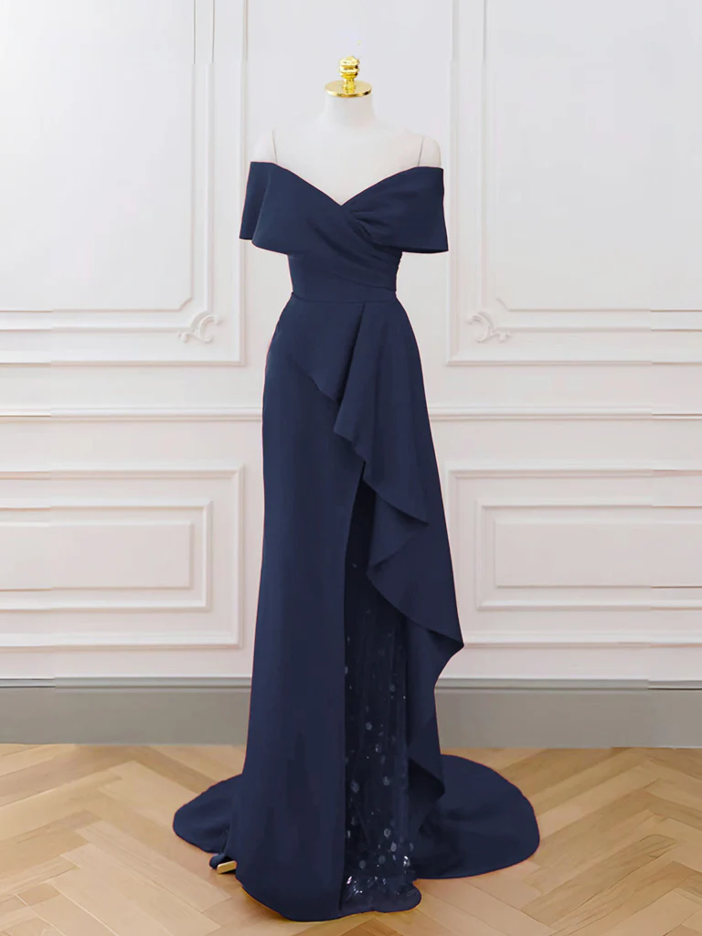 A-Line V Neck Off Shoulder Burgundy Long Prom Dress, Burgundy Long Formal Dress - Deanwangkt