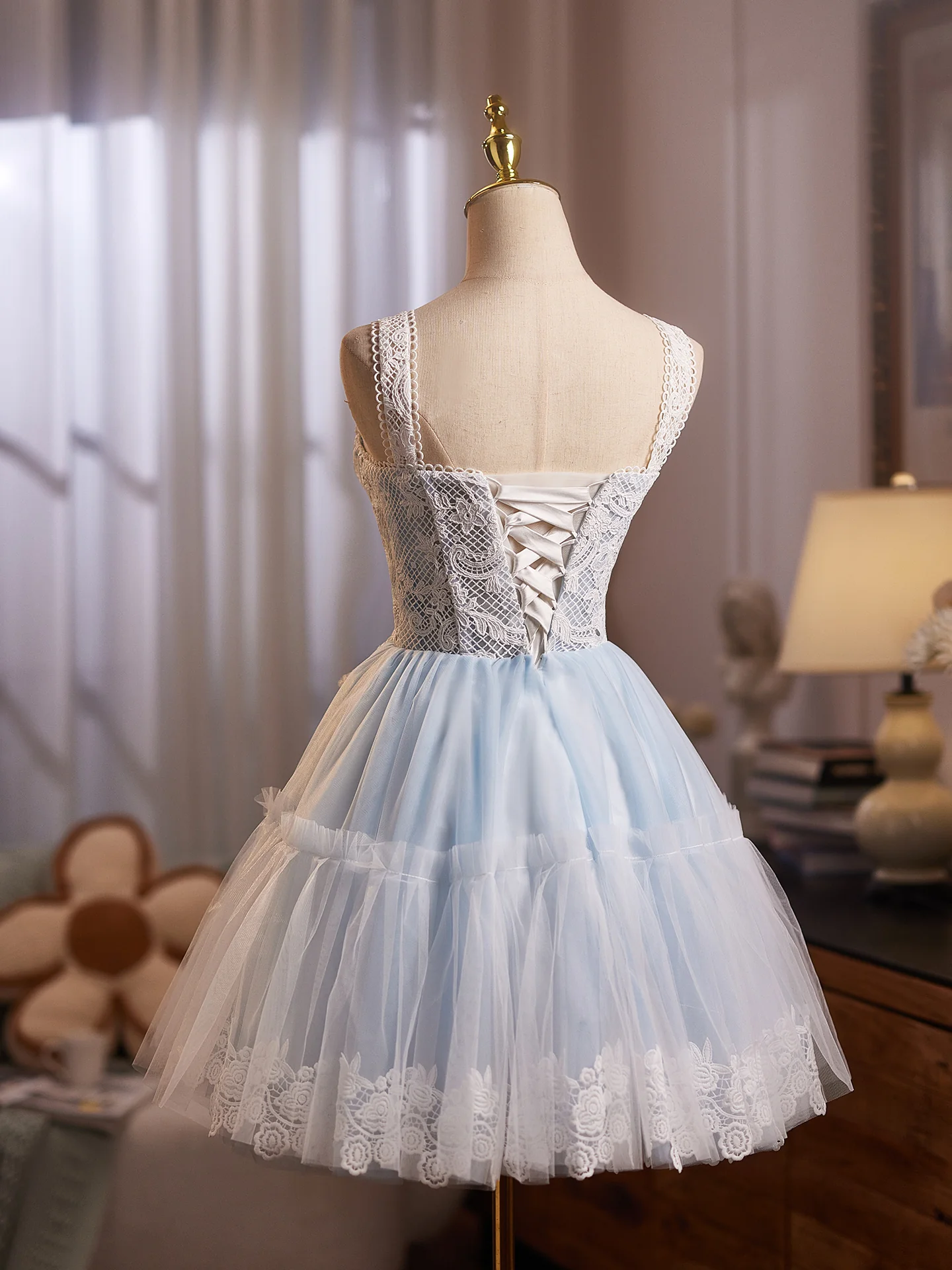 A-Line Tulle Lace Blue Short Prom Dress, Blue Homecoming Dress - Deanwangkt