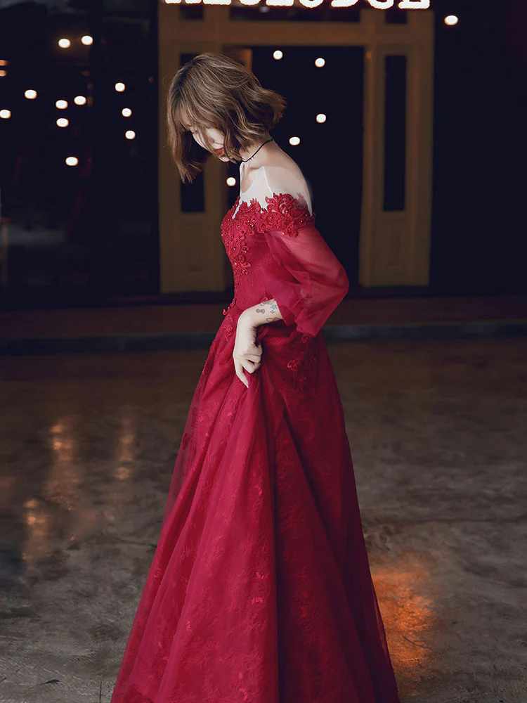 Red A line Tulle Lace Long Prom Dress, Tulle Lace Evening Dress - Deanwangkt