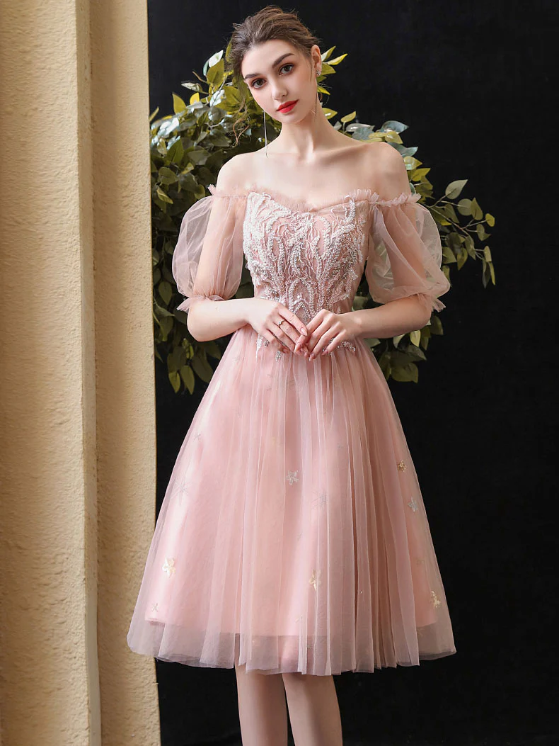 Pink Sweetheart Neck Tulle Lace Short Prom Dress, Pink Lace Homecoming Dress - Deanwangkt