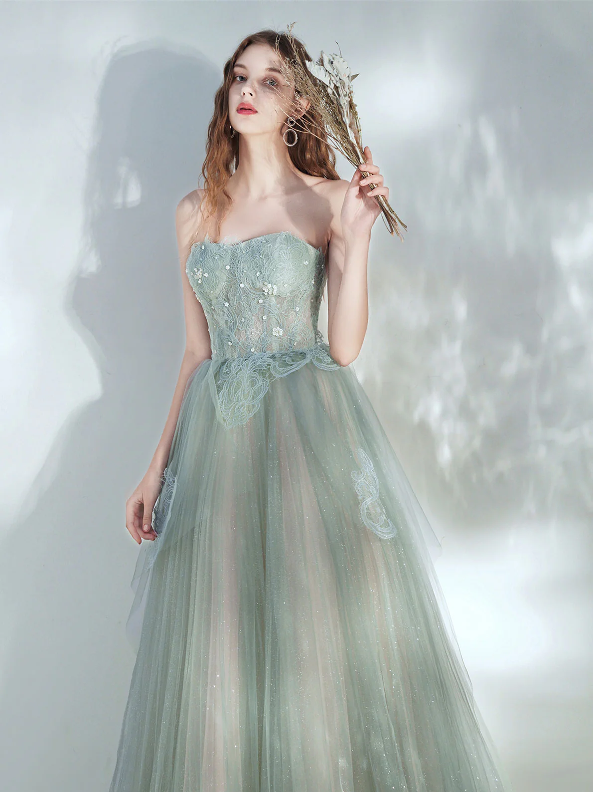 Green Tulle Lace Long Prom Dress, Green Tulle Evening Dress - Deanwangkt