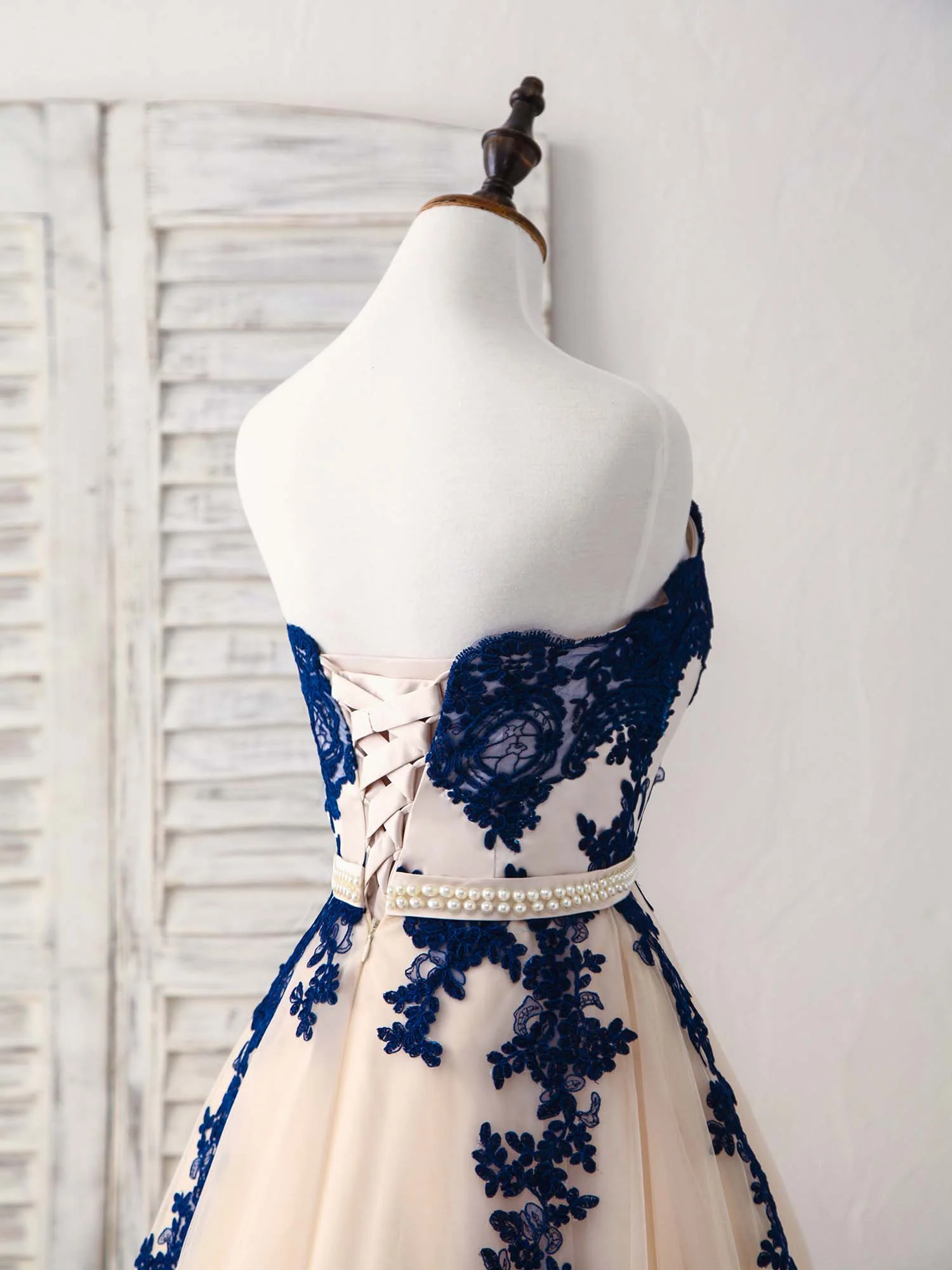 Elegant Sweetheart Tulle Lace Applique Blue Long Prom Dresses - Deanwangkt