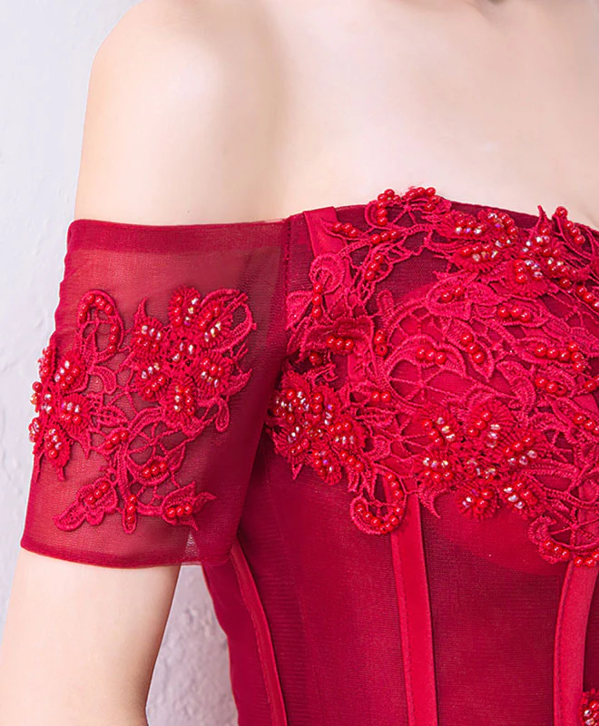 Cute Burgundy Off Shoulder Short Prom Dress, Evening Dress - Deanwangkt