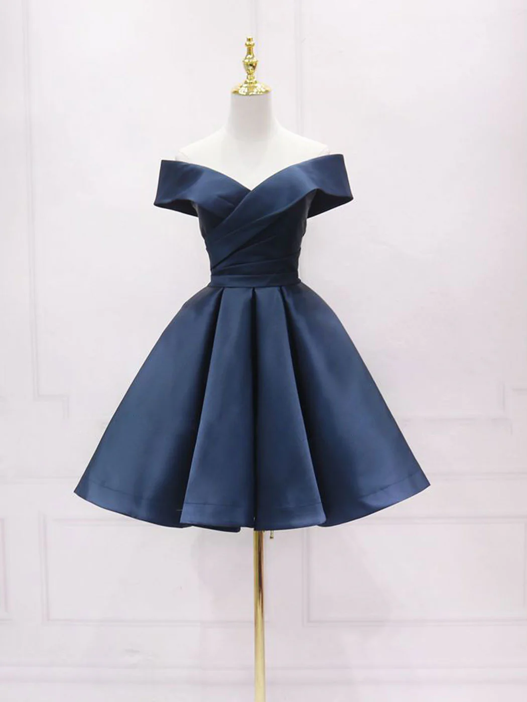 Simple Off Shoulder Satin Dark Blue Short Prom Dress, Blue Homecoming Dress - Deanwangkt