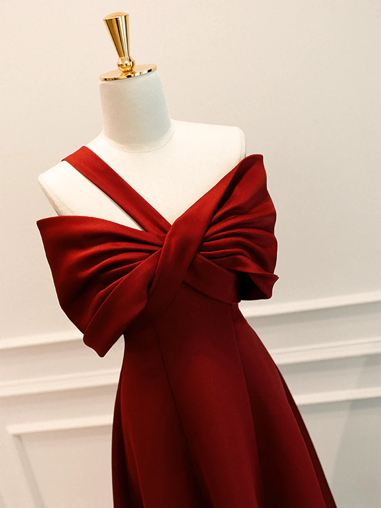 A-Line One Shoulder Satin Burgundy Long Prom Dress, Burgundy Long Formal Dress - Deanwangkt