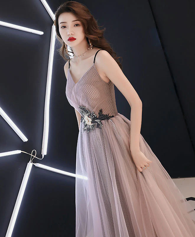 Champagne V Neck Tulle Long Prom Dress, Evening Dress - Deanwangkt