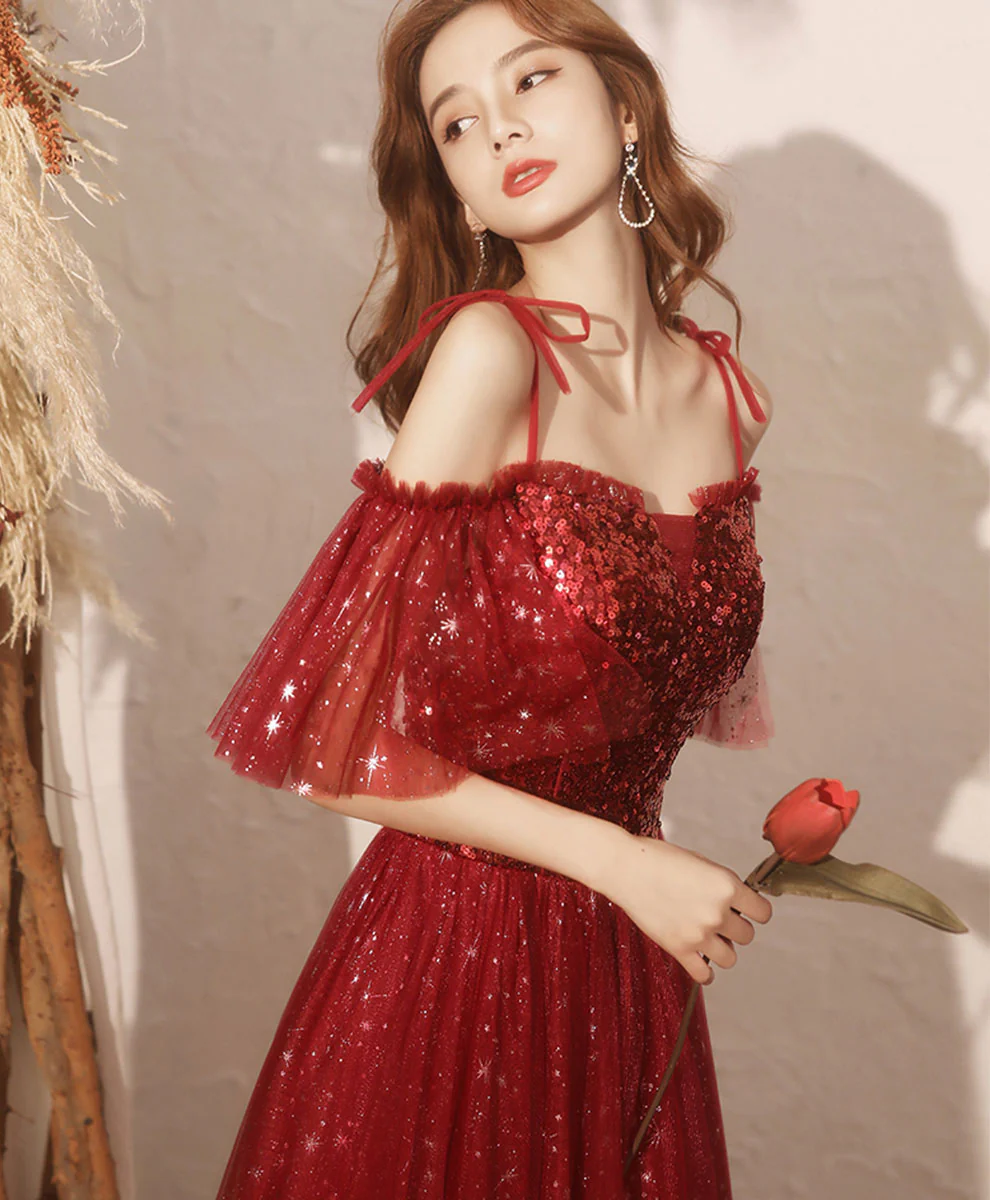 Burgundy Sweetheart Tulle Sequin Long Prom Dress, Burgundy Formal Dress - Deanwangkt