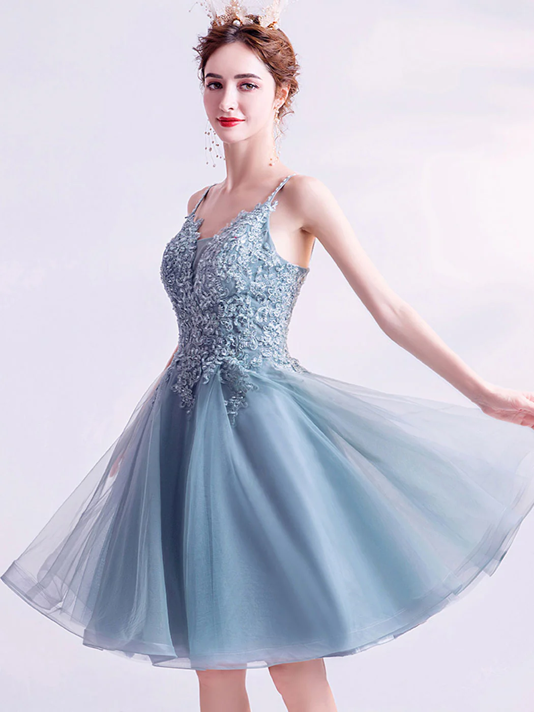 Gray V Neck Tulle Lace Blue Short Prom Dress Puffy Blue Homecoming Dress - Deanwangkt