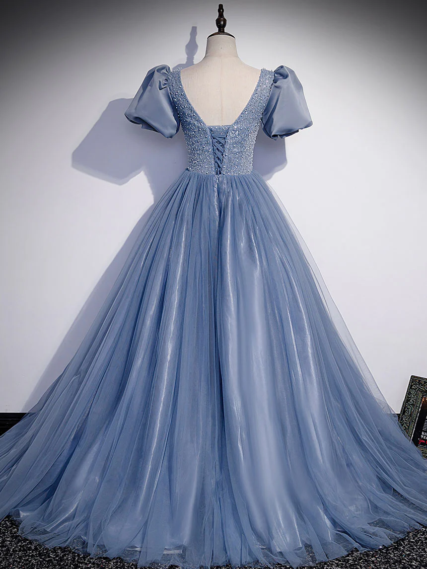 Blue Round Neck Tulle Sequin Beads Long Prom Dress, Blue Evening Dress - Deanwangkt
